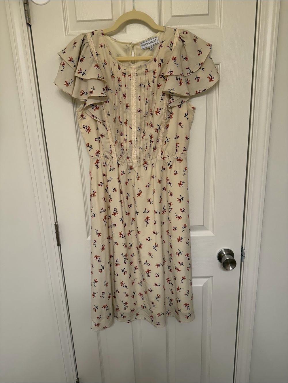 Cream Floral Ruffle-Shoulder Midi Dress